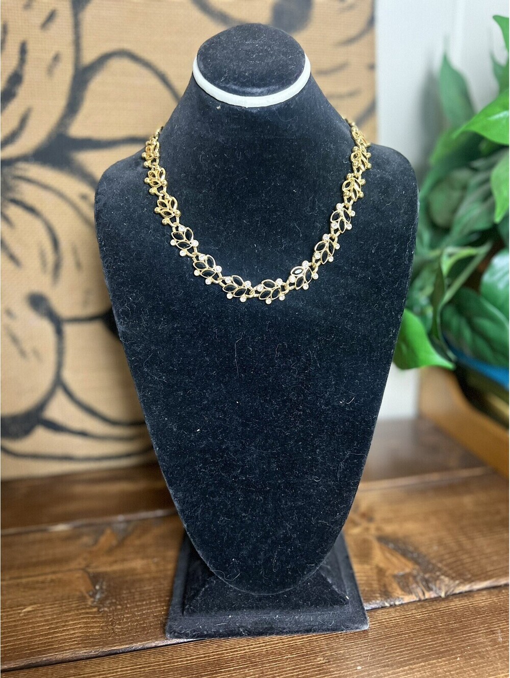 Vintage Napier Black Navette Clear Rhinestones Gold Tone Necklace